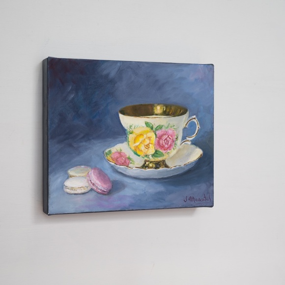 "Yellow cup  rose and three macaroons".Original oil painting on canvas  10" x 12 - Picture 3 of 5